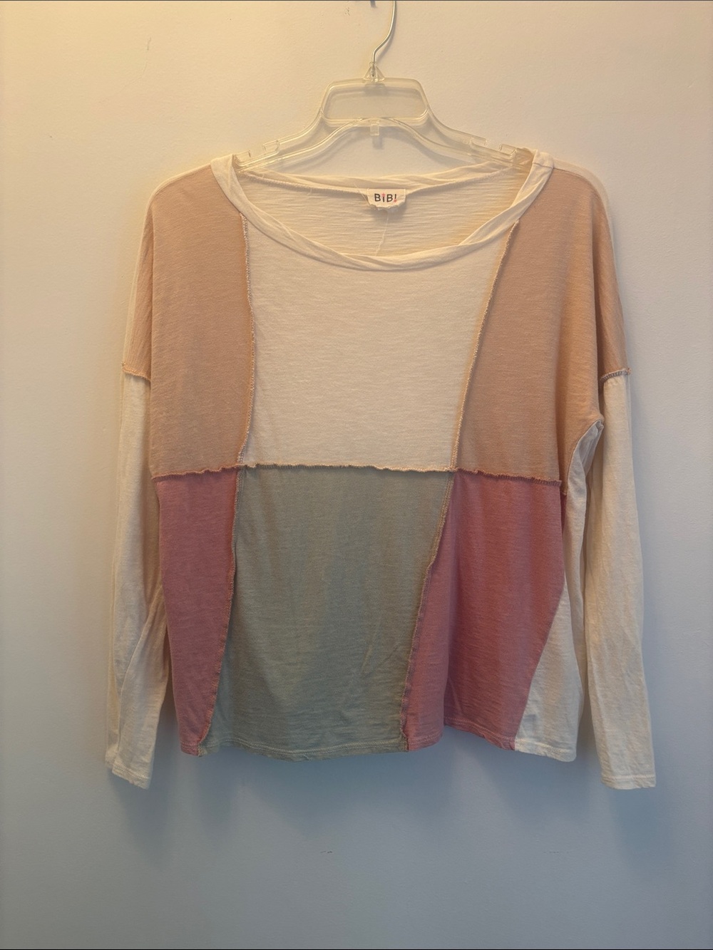 BiBi | Colorblock Long Sleeve Top in Cream, Blush & Sage Green Sz M